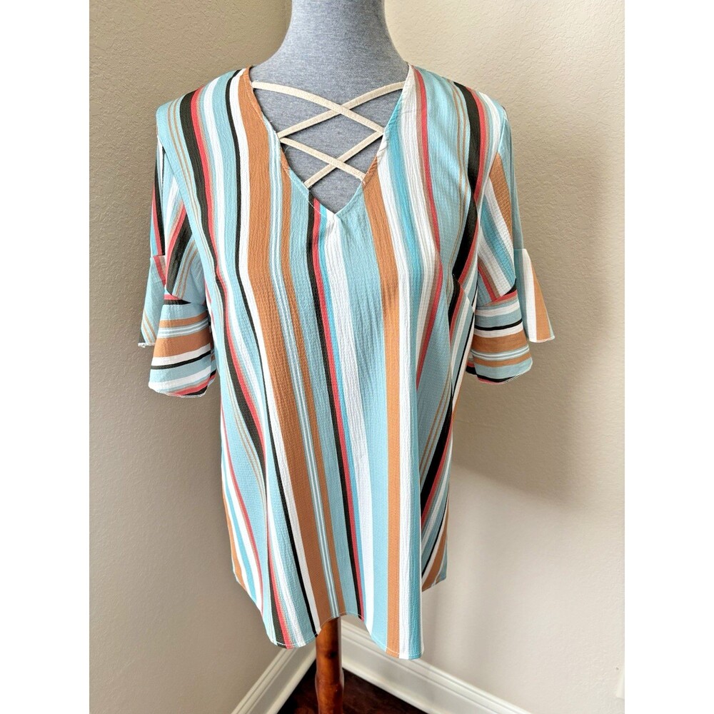 Grace & Emma Women's Size Medium Multicolored Striped Ruffled Sleeve Top - NWT